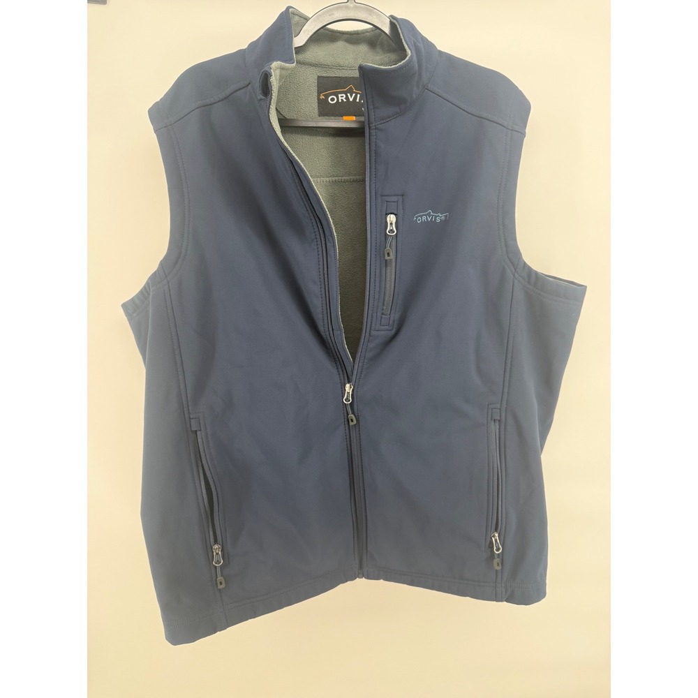 Orvis Mens Softshell Fleece Lined Vest Navy Blue Full Zip XL Pocket Hiking